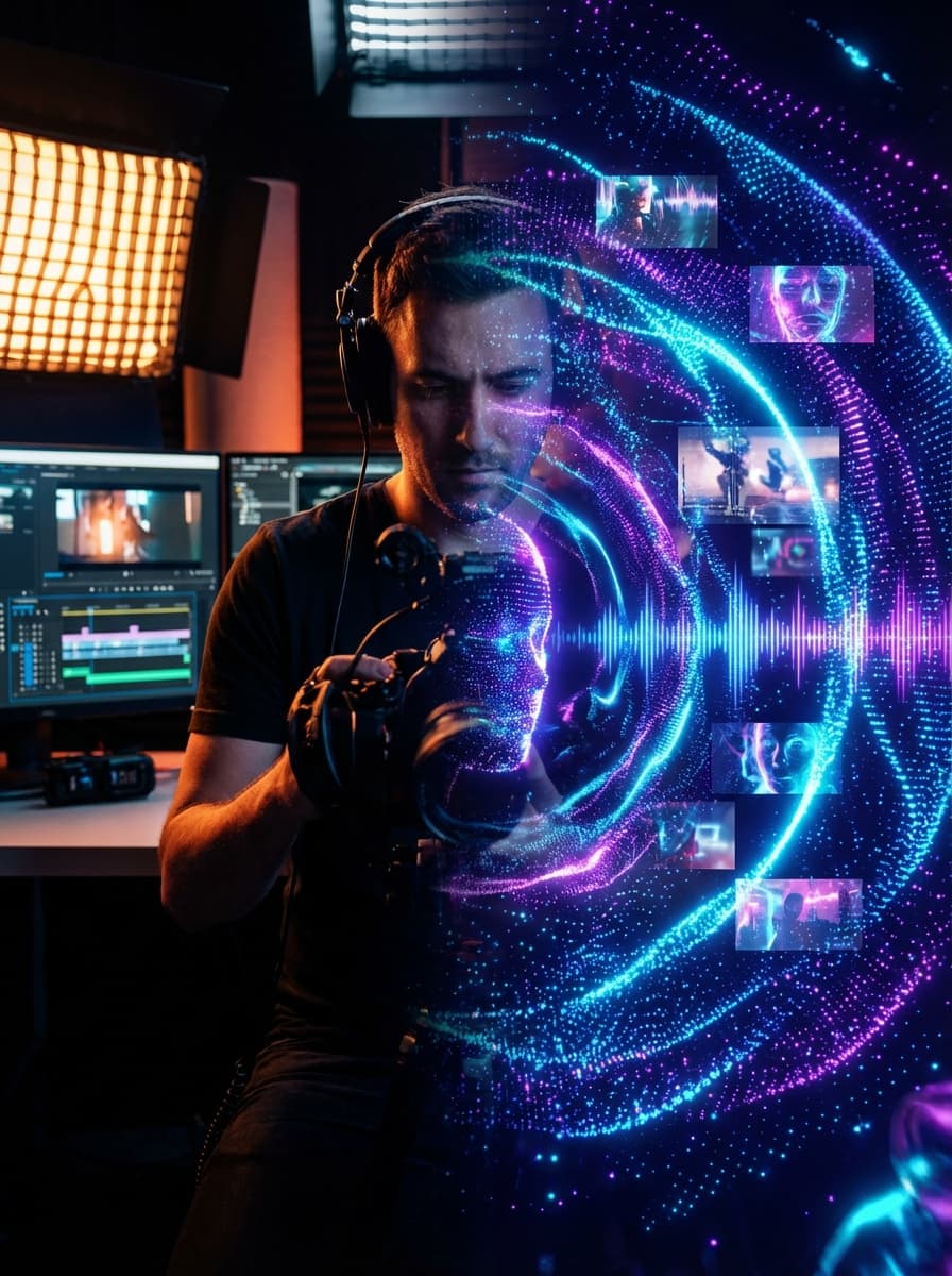 Cinematic split composition, left side realistic creative professional in studio lighting, right side abstract AI energy forming images, video frames and sound waves from glowing particles, seamless blend in the center, neon electric blue and purple tones, ultra detailed, high contrast, futuristic digital art meets photorealism, shallow depth of field, dramatic lighting, homepage hero shot, 8K.