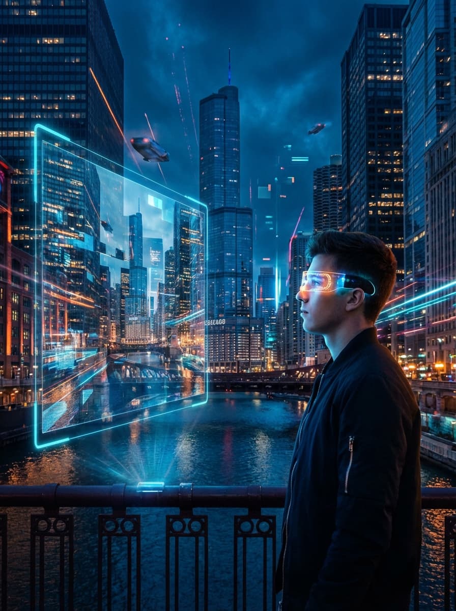 12- A young guy with glasses looks at Chicago reflected in a digital image. The background is dark blue and orange, illuminated by neon lights of buildings. In front of them is the Chicago River, flowing through the city. Futuristic style.