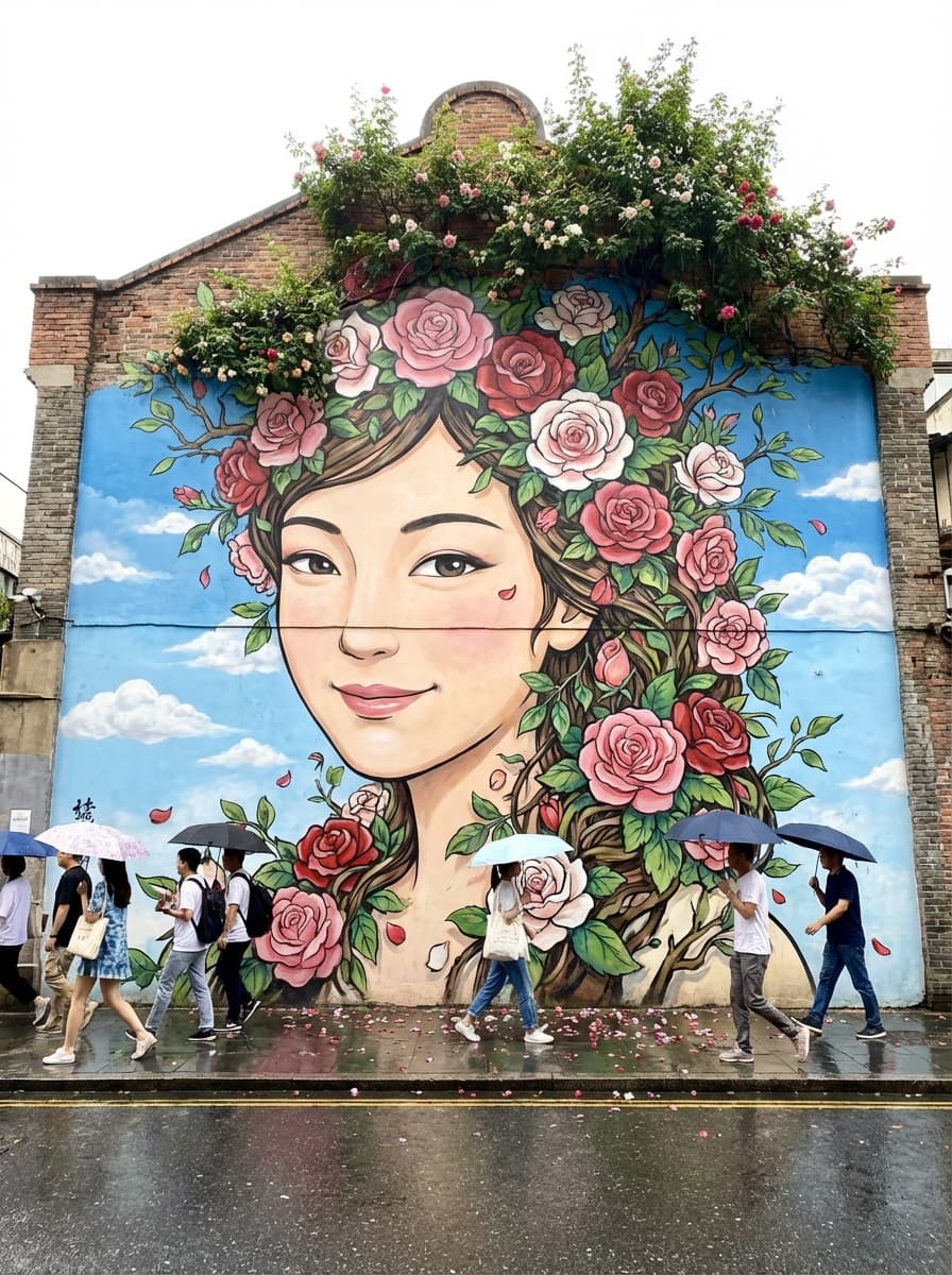A street mural with ultra-high definition and photographic quality, showcasing a strong Chinese style. It depicts a stunningly beautiful cartoon-style woman's close-up headshot, her expression gentle and serene. The top of the wall is covered with a vast expanse of blooming roses, their lush green leaves and abundant blossoms stretching outwards, some branches cascading down and blending seamlessly with the woman's hair, making it appear as if her hair is composed of layers of rose petals. These dense clusters of flowers surround the woman's head, forming a magnificent floral crown, creating a beautiful and romantic visual effect. In the background, a clear blue sky is dotted with white clouds; the ground is a realistically detailed asphalt street, scattered with colorful petals, where pedestrians stroll leisurely. The overall scene is exquisitely detailed, with bright and soft lighting, creating a dreamlike streetscape atmosphere that feels almost real.