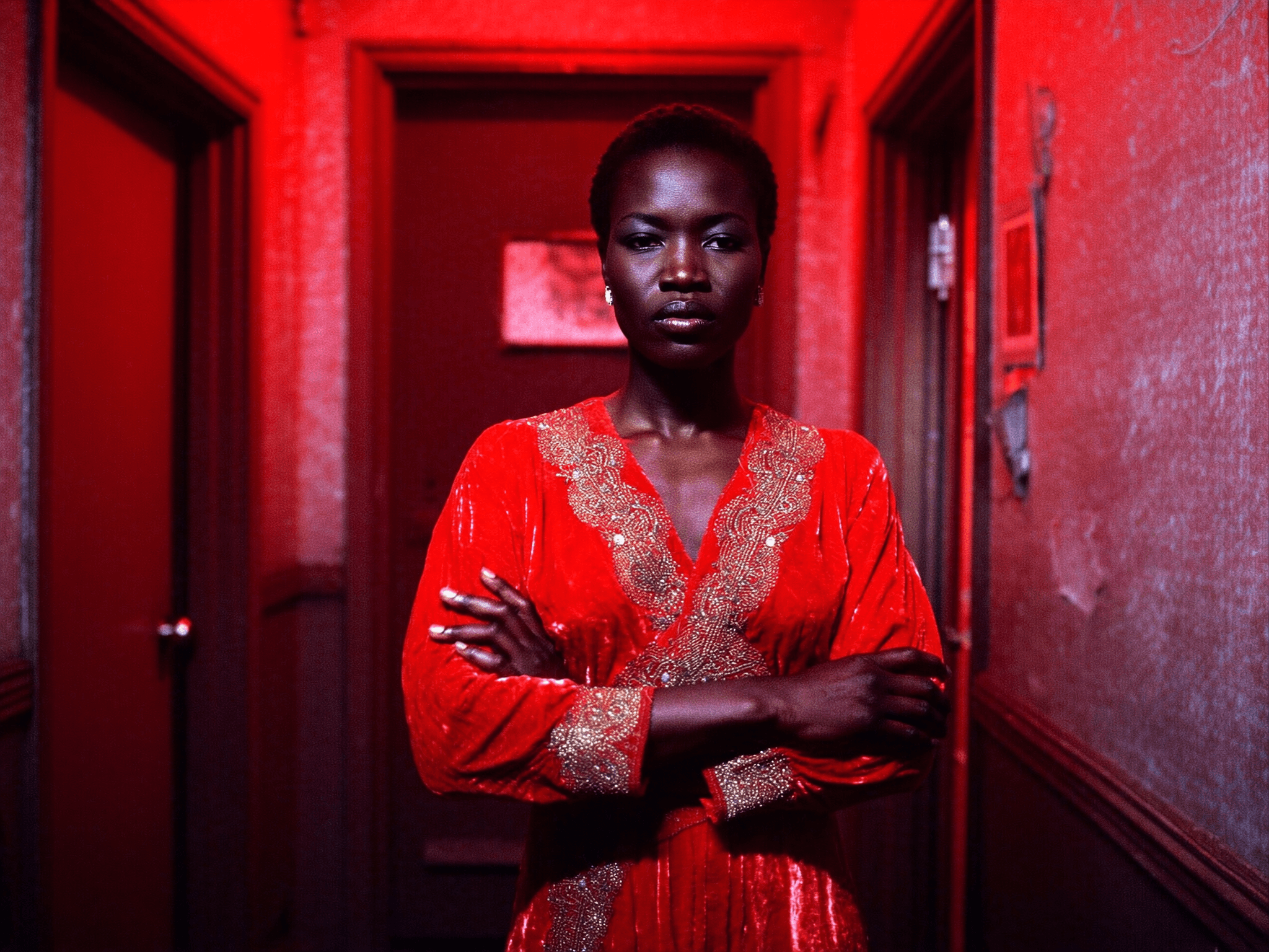 In a shadowy, intimate hallway of a 1970s jazz club, a statuesque Black woman stands poised and immovable, her arms firmly crossed beneath the soft glow of moody crimson lighting. She wears a sumptuous red velvet wrap dress, finely embroidered in shimmering gold thread, the textured fabric catching sparse light and revealing delicate folds that emphasize its sumptuous weight. Her skin, dark and radiant, absorbs and reflects the saturated rubescent hues with a velvety sheen that contrasts strikingly with the cool shadows creeping from the hallway’s worn paneling and faintly peeling wallpaper.The atmosphere is thick with grainy 35 mm texture, giving a palpable analog authenticity as tiny gate weave flickers across the frame, while the light almost clings to the polished gloss of the ornate metallic embroidery that snakes along her neckline and wrists. Her expression is regal and unyielding, eyes steady and distanced—not quite inviting, yet commanding reverence. Her closely-cropped hair frames her face with precision, catching the sparse light that reveals subtle skin pores and the hint of matte makeup accentuating her natural features.Shot from an eye-level 50 mm perspective, the composition centers her slightly off-axis, with the hallway receding diagonally behind her, deepening the shadow-play and drawing focus to her figure’s strong silhouette. The saturated reds bleed gently into near-black recesses, evoking the rich, tension-filled mood of early-80s urban nightlife scenes, reminiscent of cinematographers who thrived on chiaroscuro and tactile realism.This evocative still channels the visual gravitas of early 1980s 35 mm cinema, where shadowy interiors and richly textured costume design meet the raw dignity of character study—an enduring image of strength and silent command under the soft burn of red sodium vapor-like glow.late-70s / early-80s cinematic photograph, authentic film grain.